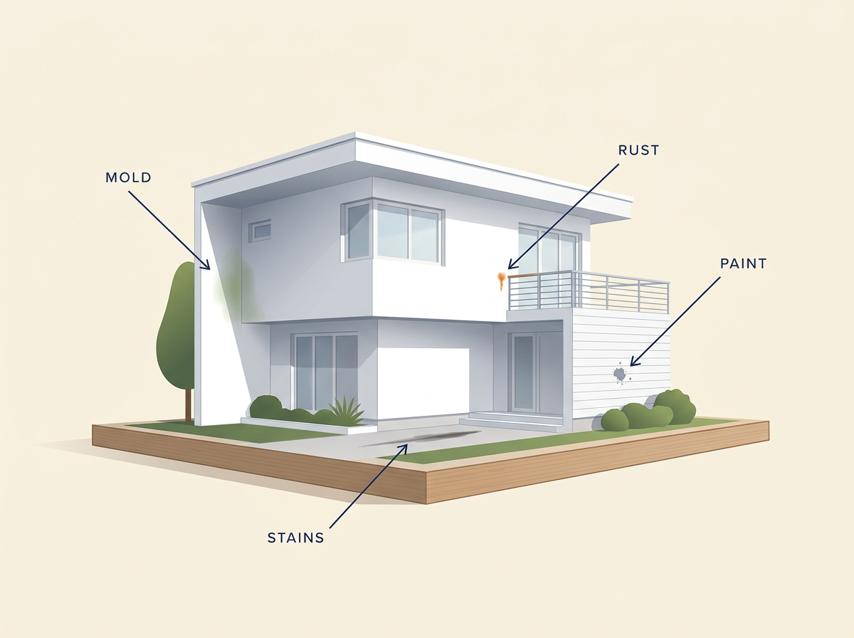 Modern model-style house diagram with arrows pointing to mold, rust, stains, and paint — the four issues Boca Bright Wash removes.