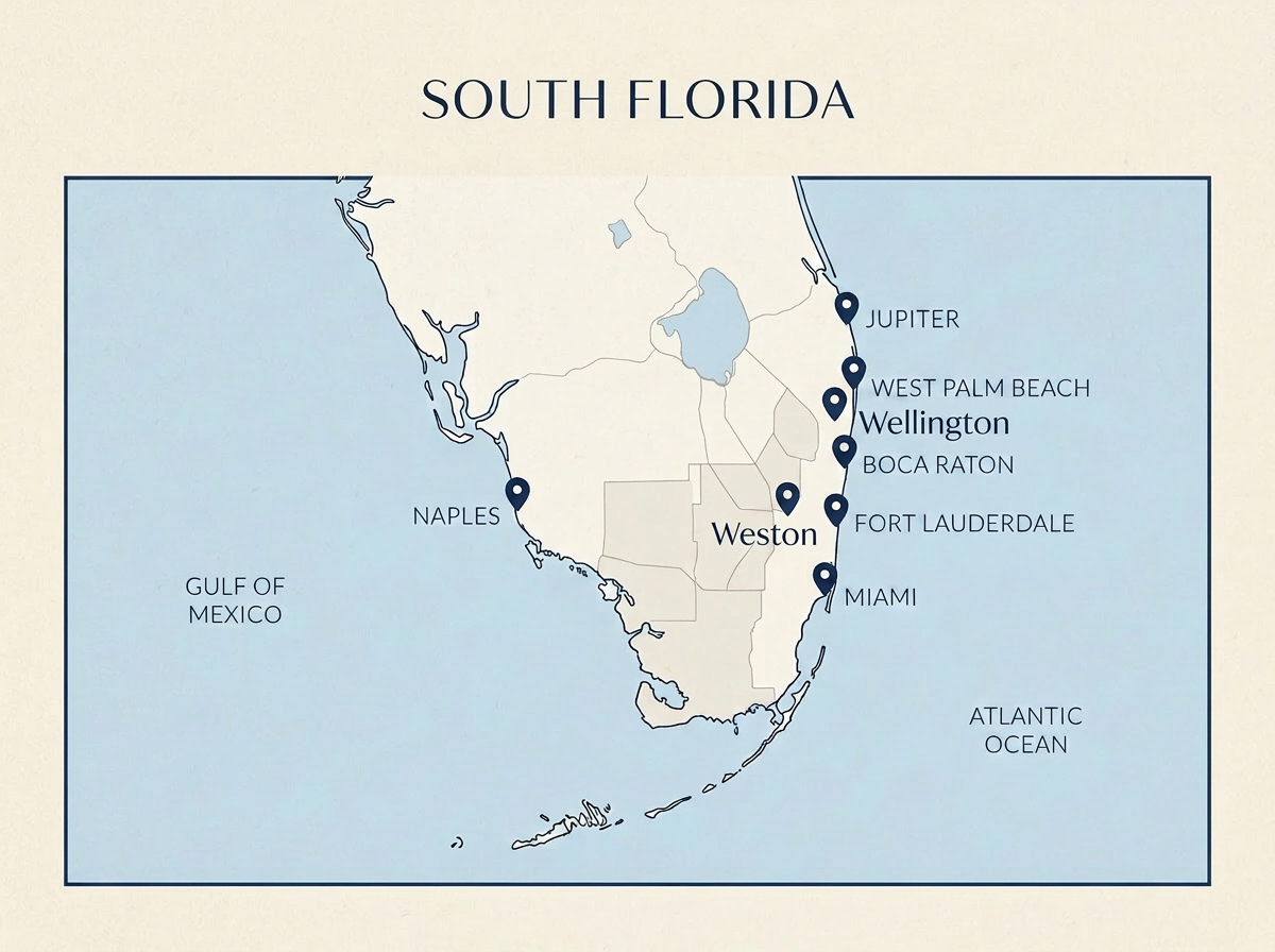 Map of Boca Bright Wash service area covering the South Florida east coast from Jupiter to Miami, plus Naples on the Gulf coast.